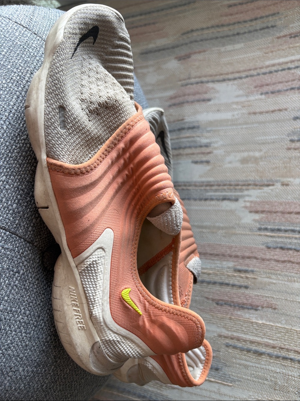 Nike Peach and Cream Slip-On Running Shoes with Neon Yellow Swoosh